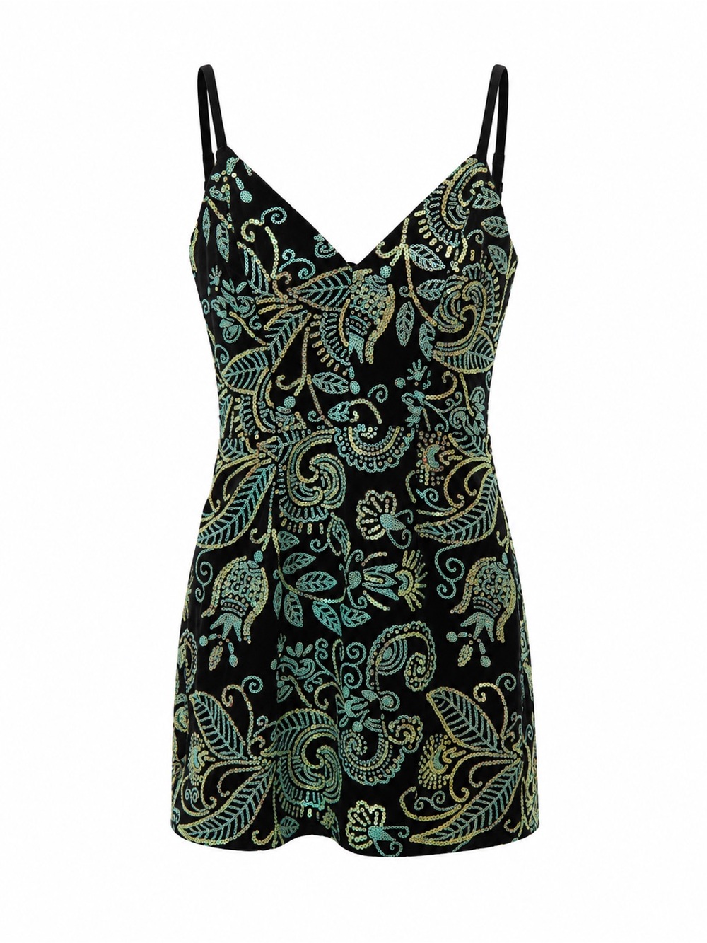 Cosmopolitan Dress The Population black/green velvet paisley mini dress, small